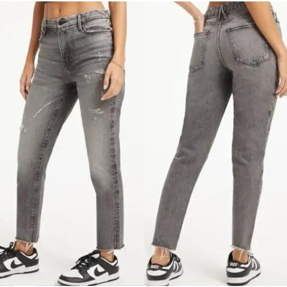 GOOD AMERICAN The Weekender High Rise Slim Straight Raw Hem Jeans Gray Size 2 26 - Picture 4 of 10